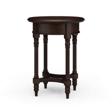 Load image into Gallery viewer, The Bramble Montego Side Table brings together classic craftsmanship and relaxed texture through its solid mahogany construction, hand-carved detailing, and woven rattan lower shelf. The round silhouette and slender turned legs give the piece an airy, collected feel, making it ideal beside a sofa, lounge chair, or bedside. Good Bones Furniture