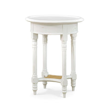 Load image into Gallery viewer, The Bramble Montego Side Table brings together classic craftsmanship and relaxed texture through its solid mahogany construction, hand-carved detailing, and woven rattan lower shelf. The round silhouette and slender turned legs give the piece an airy, collected feel, making it ideal beside a sofa, lounge chair, or bedside. Good Bones Furniture
