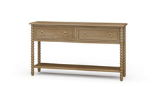 Load image into Gallery viewer, The Bramble Cholet 2 Drawer Console blends classic European influence with refined craftsmanship, featuring hand-turned bobbin legs, carved bead detailing, and antique brass ring hardware. Good Bones Furniture