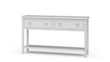 Load image into Gallery viewer, The Bramble Cholet 2 Drawer Console blends classic European influence with refined craftsmanship, featuring hand-turned bobbin legs, carved bead detailing, and antique brass ring hardware. Good Bones Furniture