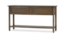 Load image into Gallery viewer, The Bramble Cholet 2 Drawer Console blends classic European influence with refined craftsmanship, featuring hand-turned bobbin legs, carved bead detailing, and antique brass ring hardware. Good Bones Furniture