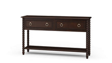 Load image into Gallery viewer, The Bramble Cholet 2 Drawer Console blends classic European influence with refined craftsmanship, featuring hand-turned bobbin legs, carved bead detailing, and antique brass ring hardware. Good Bones Furniture