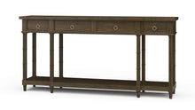 Load image into Gallery viewer, The Farringdon Large Console is a long, narrow storage piece designed for entryways, dining rooms, hallways, and living spaces. Built from solid mahogany, it features a clean rectangular top, four drawers, turned faux bamboo-style supports, and a lower shelf for display or additional storage. Good Bones Furniture
