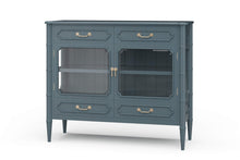 Load image into Gallery viewer, The Bramble Grosvenor Sideboard blends elegant display space with practical storage. Crafted from solid mahogany, it features two glass-front doors, a spacious illuminated interior, and a full-width shelf for displaying glassware, serving pieces, or treasured collections. Four drawers keep smaller essentials neatly organized. Bamboo-inspired moldings, tapered legs, and brass-finished hardware lend the piece a refined, tailored character. Good Bones Furniture