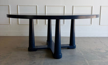 Load image into Gallery viewer, The Vienna Dining Table by Ambella Home makes a bold statement with its substantial 72" round top and sculptural pedestal base. This designer dining table has been professionally lacquered in Sherwin Williams Naval by Good Bones Furniture.