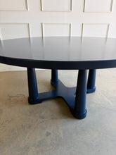 Load image into Gallery viewer, The Vienna Dining Table by Ambella Home makes a bold statement with its substantial 72" round top and sculptural pedestal base. This designer dining table has been professionally lacquered in Sherwin Williams Naval by Good Bones Furniture.
