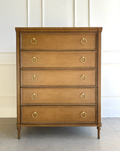 Load image into Gallery viewer, Boylan 5 drawer chest finished in Honey Chestnut, crafted from solid mahogany with heirloom detailing and refined vintage-inspired design by Good Bones Furniture.