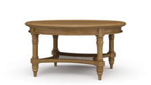 Load image into Gallery viewer, The Bramble Montego Round Coffee Table blends classic island-inspired design with refined craftsmanship. Built from solid mahogany, the table features a substantial round top supported by turned legs and a sculptural lower stretcher with woven rattan detailing that adds warmth, texture, and visual depth. Good Bones Furniture