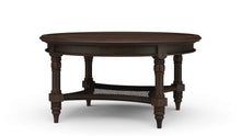 Load image into Gallery viewer, The Bramble Montego Round Coffee Table blends classic island-inspired design with refined craftsmanship. Built from solid mahogany, the table features a substantial round top supported by turned legs and a sculptural lower stretcher with woven rattan detailing that adds warmth, texture, and visual depth. Good Bones Furniture