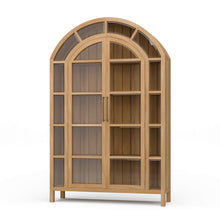 Load image into Gallery viewer, The Vannes 2 Door Display Cabinet from Bramble combines architectural scale with warm natural materials, creating a statement piece designed for both storage and display. Crafted from solid mahogany, the cabinet features a dramatic arched silhouette with glass-paneled doors framed in a rich contrasting finish that highlights the craftsmanship and curvature of the design. Good Bones Furniture
