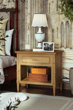 Load image into Gallery viewer, The Bramble Martinique Open Nightstand with Drawer combines classic craftsmanship with practical bedside storage. Expertly crafted from solid mahogany, this versatile piece features carved rope molding, bamboo-inspired corner posts, tapered legs, and elegant metal hardware that lend a relaxed yet sophisticated character. A spacious drawer keeps nighttime essentials tucked away, while the open lower shelf provides convenient storage for books, baskets, or decorative accents. Good Bones Furniture