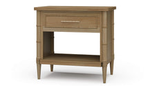 Load image into Gallery viewer, The Bramble Martinique Open Nightstand with Drawer combines classic craftsmanship with practical bedside storage. Expertly crafted from solid mahogany, this versatile piece features carved rope molding, bamboo-inspired corner posts, tapered legs, and elegant metal hardware that lend a relaxed yet sophisticated character. A spacious drawer keeps nighttime essentials tucked away, while the open lower shelf provides convenient storage for books, baskets, or decorative accents. Good Bones Furniture