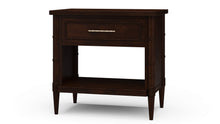 Load image into Gallery viewer, The Bramble Martinique Open Nightstand with Drawer combines classic craftsmanship with practical bedside storage. Expertly crafted from solid mahogany, this versatile piece features carved rope molding, bamboo-inspired corner posts, tapered legs, and elegant metal hardware that lend a relaxed yet sophisticated character. A spacious drawer keeps nighttime essentials tucked away, while the open lower shelf provides convenient storage for books, baskets, or decorative accents. Good Bones Furniture