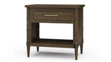 Load image into Gallery viewer, The Bramble Martinique Open Nightstand with Drawer combines classic craftsmanship with practical bedside storage. Expertly crafted from solid mahogany, this versatile piece features carved rope molding, bamboo-inspired corner posts, tapered legs, and elegant metal hardware that lend a relaxed yet sophisticated character. A spacious drawer keeps nighttime essentials tucked away, while the open lower shelf provides convenient storage for books, baskets, or decorative accents. Good Bones Furniture