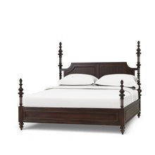 Load image into Gallery viewer, The Bramble Savannah Bed brings dramatic architectural presence to the bedroom with its handcrafted posts and stately, globally inspired silhouette. Elaborately turned posts rise above the sculpted headboard, recalling the graceful curves and ornamental details of the Taj Mahal. A paneled headboard, matching footboard, and carved finials complete its regal design. Good Bones Furniture