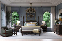 Load image into Gallery viewer, The Bramble Savannah Bed brings dramatic architectural presence to the bedroom with its handcrafted posts and stately, globally inspired silhouette. Elaborately turned posts rise above the sculpted headboard, recalling the graceful curves and ornamental details of the Taj Mahal. A paneled headboard, matching footboard, and carved finials complete its regal design. Good Bones Furniture