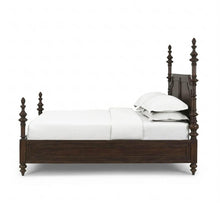Load image into Gallery viewer, The Bramble Savannah Bed brings dramatic architectural presence to the bedroom with its handcrafted posts and stately, globally inspired silhouette. Elaborately turned posts rise above the sculpted headboard, recalling the graceful curves and ornamental details of the Taj Mahal. A paneled headboard, matching footboard, and carved finials complete its regal design. Good Bones Furniture