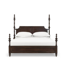 Load image into Gallery viewer, The Bramble Savannah Bed brings dramatic architectural presence to the bedroom with its handcrafted posts and stately, globally inspired silhouette. Elaborately turned posts rise above the sculpted headboard, recalling the graceful curves and ornamental details of the Taj Mahal. A paneled headboard, matching footboard, and carved finials complete its regal design. Good Bones Furniture