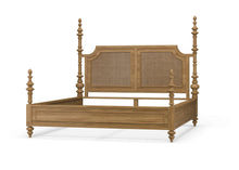Load image into Gallery viewer, The Bramble Savannah Rattan Bed combines dramatic architectural presence with the natural warmth and texture of woven rattan. Its double-panel rattan headboard is framed by graceful curves and four elaborately turned posts inspired by the ornamental beauty of the Taj Mahal. A paneled footboard, matching side rails, carved finials, and warm wood finish complete the stately silhouette. Available in king and queen sizes. Good Bones Furniture