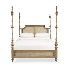 Load image into Gallery viewer, The Bramble Savannah Rattan Bed combines dramatic architectural presence with the natural warmth and texture of woven rattan. Its double-panel rattan headboard is framed by graceful curves and four elaborately turned posts inspired by the ornamental beauty of the Taj Mahal. A paneled footboard, matching side rails, carved finials, and warm wood finish complete the stately silhouette. Available in king and queen sizes. Good Bones Furniture