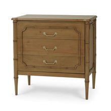 Load image into Gallery viewer, Classic faux bamboo with elevated detail. The Bramble Chelsea bedside table delivers a perfect balance of timeless coastal design and exceptional craftsmanship. Made from solid mahogany, this piece features elegant faux bamboo framing, tapered legs, and beautifully carved fretwork detailing on each drawer front. Solid brass hardware. Good Bones Furniture