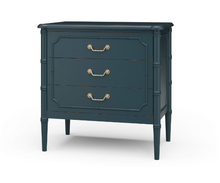Load image into Gallery viewer, Classic faux bamboo with elevated detail. The Bramble Chelsea bedside table delivers a perfect balance of timeless coastal design and exceptional craftsmanship. Made from solid mahogany, this piece features elegant faux bamboo framing, tapered legs, and beautifully carved fretwork detailing on each drawer front. Solid brass hardware. Good Bones Furniture