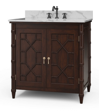 Load image into Gallery viewer, Bring a touch of classic charm & modern sophistication to your bathroom with the Bramble Grosvenor Single Vanity. Featuring gorgeous faux bamboo fretwork on its two cabinet doors, this piece is a true showstopper that blends timeless design with functional luxury. Crafted from solid mahogany and available in a variety of finishes, this vanity is topped with a luxurious marble countertop and integrated sink. Good Bones Furniture