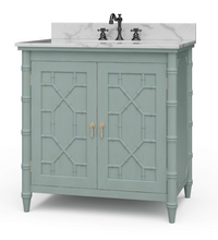 Load image into Gallery viewer, Bring a touch of classic charm & modern sophistication to your bathroom with the Bramble Grosvenor Single Vanity. Featuring gorgeous faux bamboo fretwork on its two cabinet doors, this piece is a true showstopper that blends timeless design with functional luxury. Crafted from solid mahogany and available in a variety of finishes, this vanity is topped with a luxurious marble countertop and integrated sink. Good Bones Furniture
