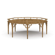 Load image into Gallery viewer, The Bramble Grosvenor Thrupence Coffee Table brings sculptural form and classic British-inspired detailing into a bold statement piece designed for sophisticated living spaces. Crafted from solid mahogany, the octagonal silhouette is framed by an architectural bamboo-inspired gallery rail that gives the table its distinctive presence and refined character. Good Bones Furniture