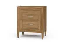 Load image into Gallery viewer, The Bramble Belgravia Bedside Table combines clean architectural lines with generous bedside storage. Crafted from solid mahogany, it features two spacious drawers with layered, inset molding that adds dimension to its tailored silhouette. Brass handles. Good Bones Furniture