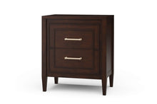Load image into Gallery viewer, The Bramble Belgravia Bedside Table combines clean architectural lines with generous bedside storage. Crafted from solid mahogany, it features two spacious drawers with layered, inset molding that adds dimension to its tailored silhouette. Brass handles. Good Bones Furniture