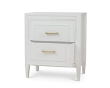 Load image into Gallery viewer, The Bramble Belgravia Bedside Table combines clean architectural lines with generous bedside storage. Crafted from solid mahogany, it features two spacious drawers with layered, inset molding that adds dimension to its tailored silhouette. Brass handles. Good Bones Furniture