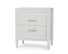 Load image into Gallery viewer, The Bramble Belgravia Bedside Table combines clean architectural lines with generous bedside storage. Crafted from solid mahogany, it features two spacious drawers with layered, inset molding that adds dimension to its tailored silhouette. Brass handles. Good Bones Furniture
