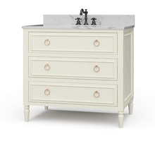Load image into Gallery viewer, Upgrade your space with this stunning Bramble Cholet single bathroom vanity, where classic design meets modern functionality. Crafted from solid mahogany in a variety of finishes, this piece brings warmth and timeless beauty to any bathroom.
Topped with luxurious marble, with a white American Standard undermount sink. Good Bones Furniture