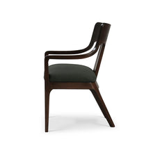 Load image into Gallery viewer, The Bramble Colorado Dining Armchair pairs sculptural lines with the lasting beauty of solid mahogany. Its gently curved backrest flows into slender arms, while an open-back design and tapered legs create a light, tailored silhouette. Generously cushioned seat upholstered in performance fabric. Good Bones Furniture