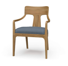 Load image into Gallery viewer, The Bramble Colorado Dining Armchair pairs sculptural lines with the lasting beauty of solid mahogany. Its gently curved backrest flows into slender arms, while an open-back design and tapered legs create a light, tailored silhouette. Generously cushioned seat upholstered in performance fabric. Good Bones Furniture