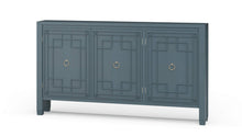 Load image into Gallery viewer, The Bramble Knightsbridge Sideboard offers generous storage in an exceptionally slim profile. Crafted from solid mahogany, its three doors feature geometric fretwork-inspired molding and classic ring pulls. Interior shelving keeps serving pieces, linens, or everyday essentials neatly organized, while the narrow depth makes it especially well suited for hallways, dining rooms, and compact entryways. Good Bones Furniture