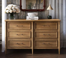Load image into Gallery viewer, The Bramble Martinique 6 Drawer Dresser blends timeless craftsmanship with relaxed island-inspired styling. Constructed from solid mahogany, this beautifully detailed dresser features carved rope molding around each drawer front, bamboo-inspired corner posts, tapered legs, and elegant brushed metal hardware. Good Bones Furniture