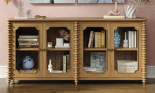 Load image into Gallery viewer, The Bramble Milano Sideboard blends traditional craftsmanship with eye-catching detail, making it the perfect statement piece for dining rooms, living spaces, or entryways. Handcrafted from solid mahogany, it features elegant stacked turning details and four framed glass-panel cabinet doors. Good Bones Furniture