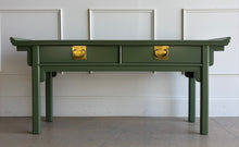 Load image into Gallery viewer, A striking blend of Ming-inspired form and refined modern lacquer, this vintage console by Century Furniture has been professionally refinished in a custom gloss green that transforms the piece into a bold yet timeless statement. Chinoiserie. Good Bones Furniture