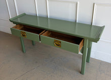 Load image into Gallery viewer, A striking blend of Ming-inspired form and refined modern lacquer, this vintage console by Century Furniture has been professionally refinished in a custom gloss green that transforms the piece into a bold yet timeless statement. Chinoiserie. Good Bones Furniture