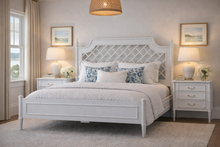 Load image into Gallery viewer, Crafted from solid mahogany, the Chelsea Bed brings classic faux bamboo design into a beautifully balanced, livable form in Architectural white bedroom scene