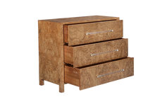 Load image into Gallery viewer, The Fremont Chest pairs clean-lined modern design with the rich movement of burled ash for a look that feels both tailored and distinctive. Its simple, architectural silhouette lets the dramatic wood grain take center stage, while polished lucite hardware adds a crisp, contemporary finish. Good Bones Furniture
