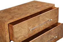 Load image into Gallery viewer, The Fremont Chest pairs clean-lined modern design with the rich movement of burled ash for a look that feels both tailored and distinctive. Its simple, architectural silhouette lets the dramatic wood grain take center stage, while polished lucite hardware adds a crisp, contemporary finish. Good Bones Furniture