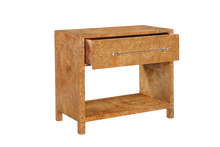 Load image into Gallery viewer, The Fremont Nightstand brings the same clean, architectural presence as the larger pieces in the collection, scaled for bedside use. Wrapped in a striking burled ash finish, the natural movement of the wood creates a bold, organic pattern that contrasts beautifully with its structured silhouette. Good Bones Furniture