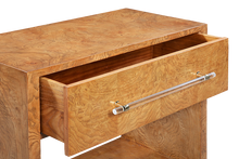 Load image into Gallery viewer, The Fremont Nightstand brings the same clean, architectural presence as the larger pieces in the collection, scaled for bedside use. Wrapped in a striking burled ash finish, the natural movement of the wood creates a bold, organic pattern that contrasts beautifully with its structured silhouette. Good Bones Furniture