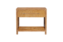 Load image into Gallery viewer, The Fremont Nightstand brings the same clean, architectural presence as the larger pieces in the collection, scaled for bedside use. Wrapped in a striking burled ash finish, the natural movement of the wood creates a bold, organic pattern that contrasts beautifully with its structured silhouette. Good Bones Furniture