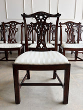 Load image into Gallery viewer, Classic craftsmanship never goes out of style. This exceptional set of eight Henredon Chippendale dining chairs showcases the artistry and quality that made Henredon one of America's premier furniture makers. Crafted from richly finished mahogany, each chair features an intricately carved pierced splat back inspired by 18th-century Chippendale designs, accented with elegant detailing and crisp architectural lines. Good Bones Furniture