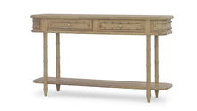 Load image into Gallery viewer, The Bramble Hurlingham Console Table pairs the strength and longevity of solid mahogany with the relaxed character of faux-bamboo furniture. Sculpted bamboo-inspired legs, wrapped corner details, and decorative drawer fronts create an elegant, textural silhouette. Two drawers provide convenient concealed storage, while the full-length lower shelf offers space for baskets or decorative objects. Good Bones Furniture