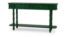 Load image into Gallery viewer, The Bramble Hurlingham Console Table pairs the strength and longevity of solid mahogany with the relaxed character of faux-bamboo furniture. Sculpted bamboo-inspired legs, wrapped corner details, and decorative drawer fronts create an elegant, textural silhouette. Two drawers provide convenient concealed storage, while the full-length lower shelf offers space for baskets or decorative objects. Good Bones Furniture